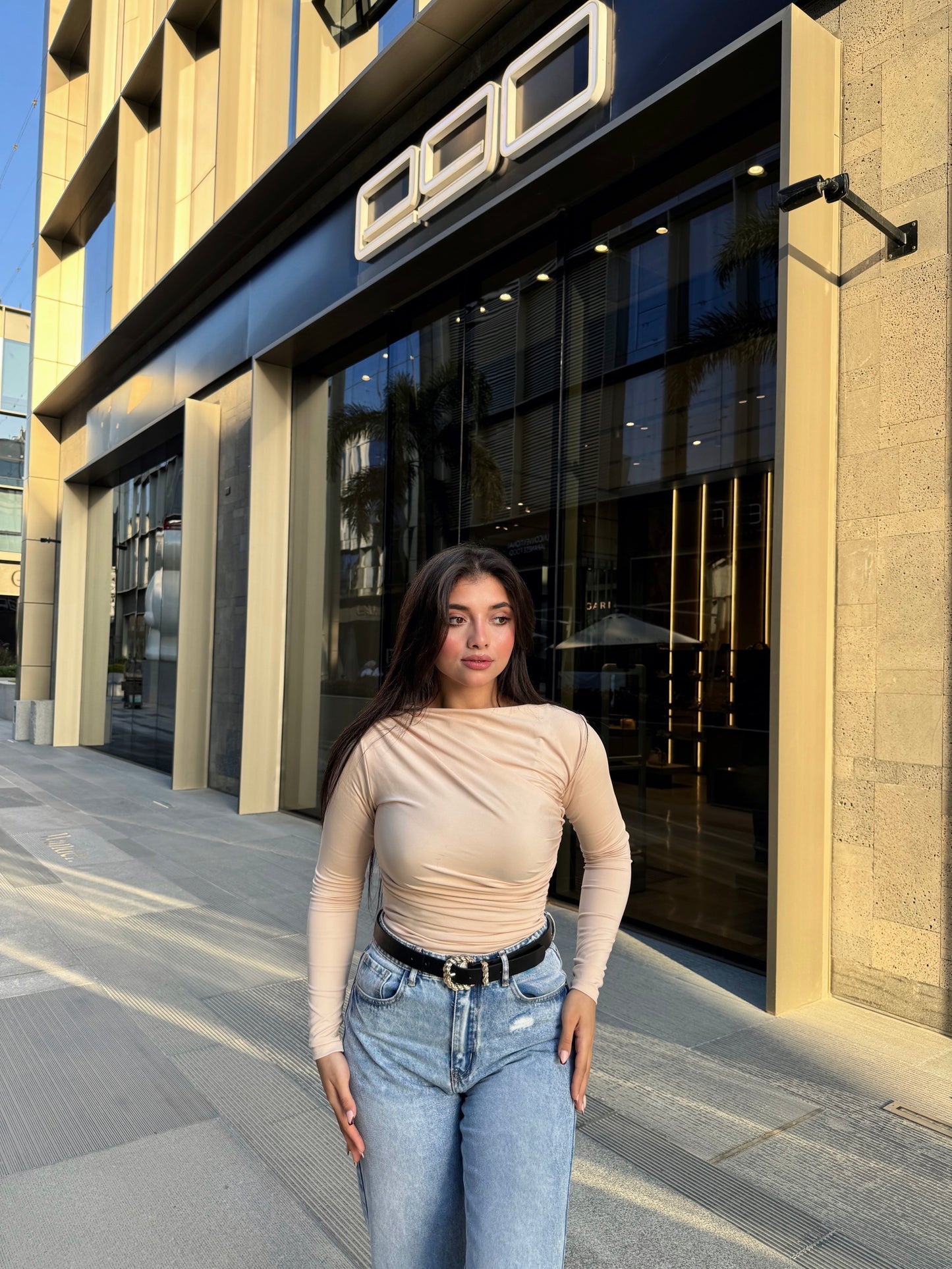 Beige Drape Long Sleeve Blouse