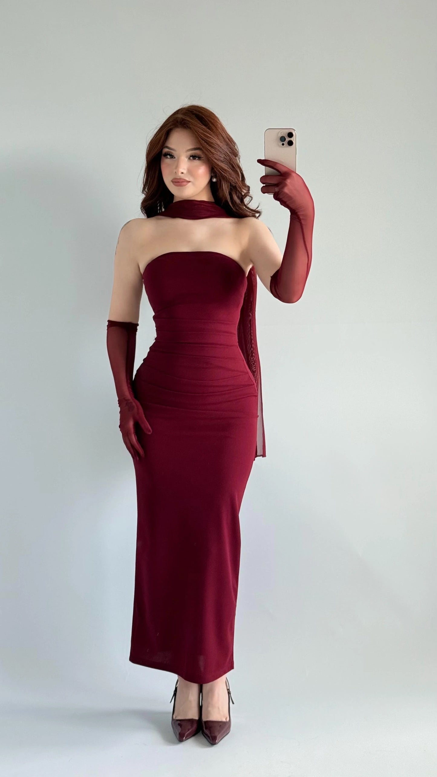 Burgundy SCUBA CREP FABRIC DRESS WITH MESH GLOVE