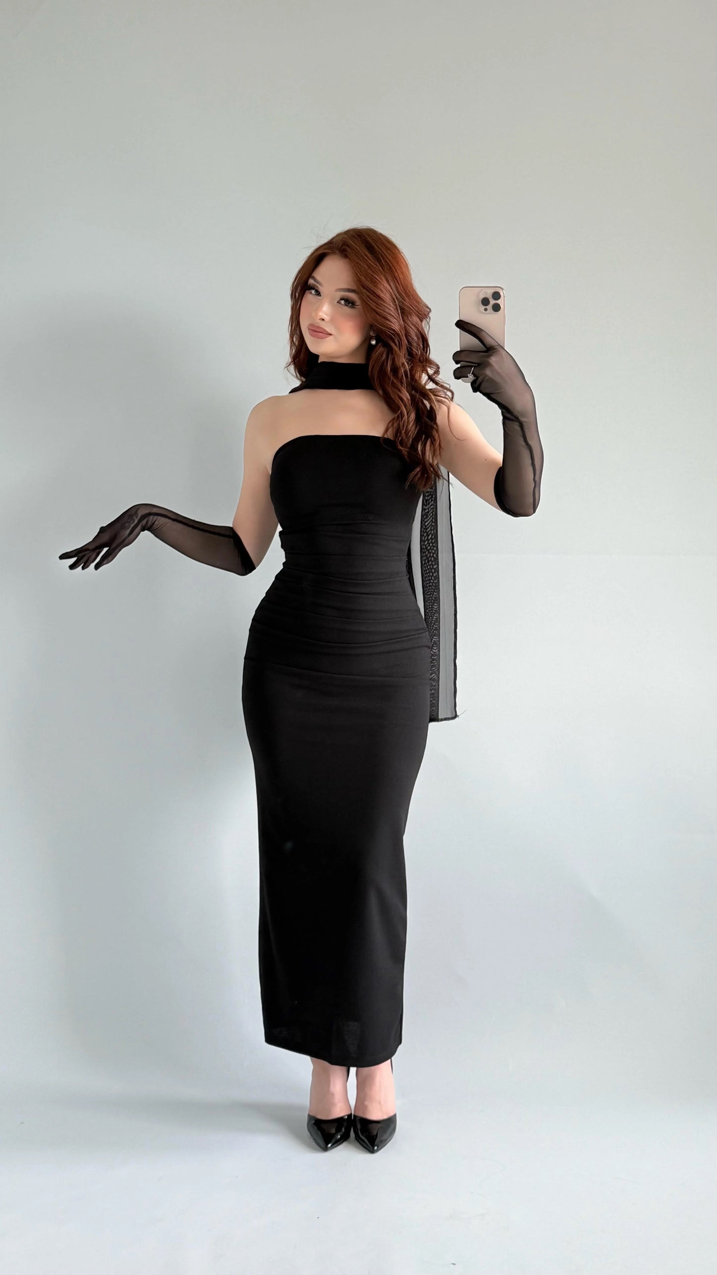 Black SCUBA CREP FABRIC DRESS WITH MESH GLOVE