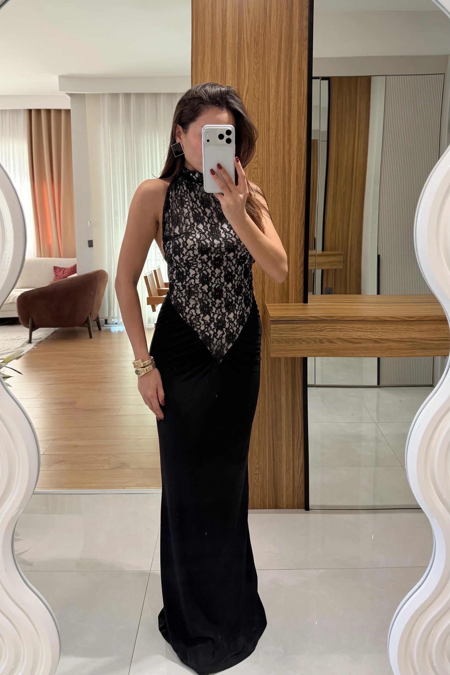 Black Marlo Lace Detailed Satin Dress