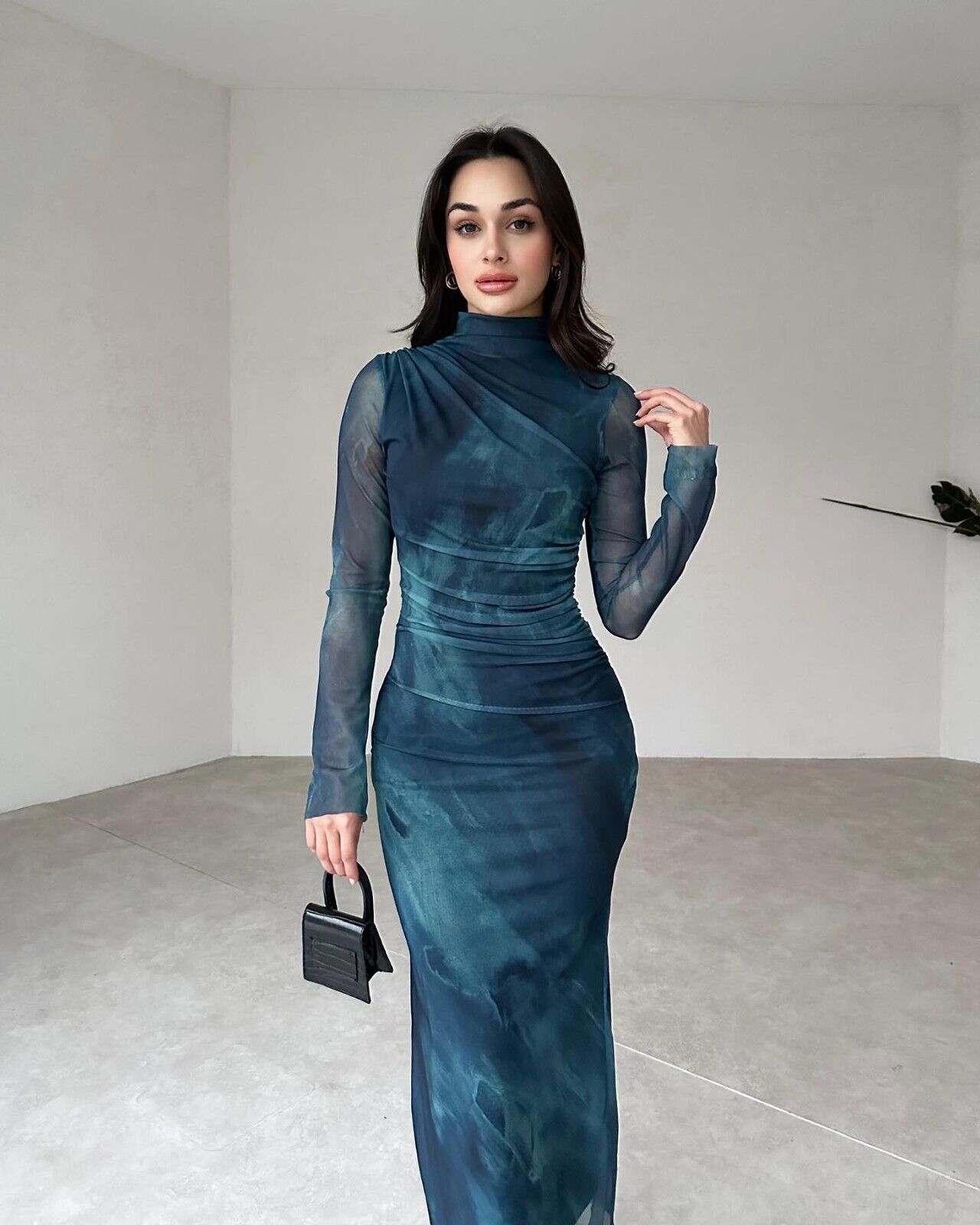 Long Tulle Sleeve Drape Detailed Petrol Green Midi Dress