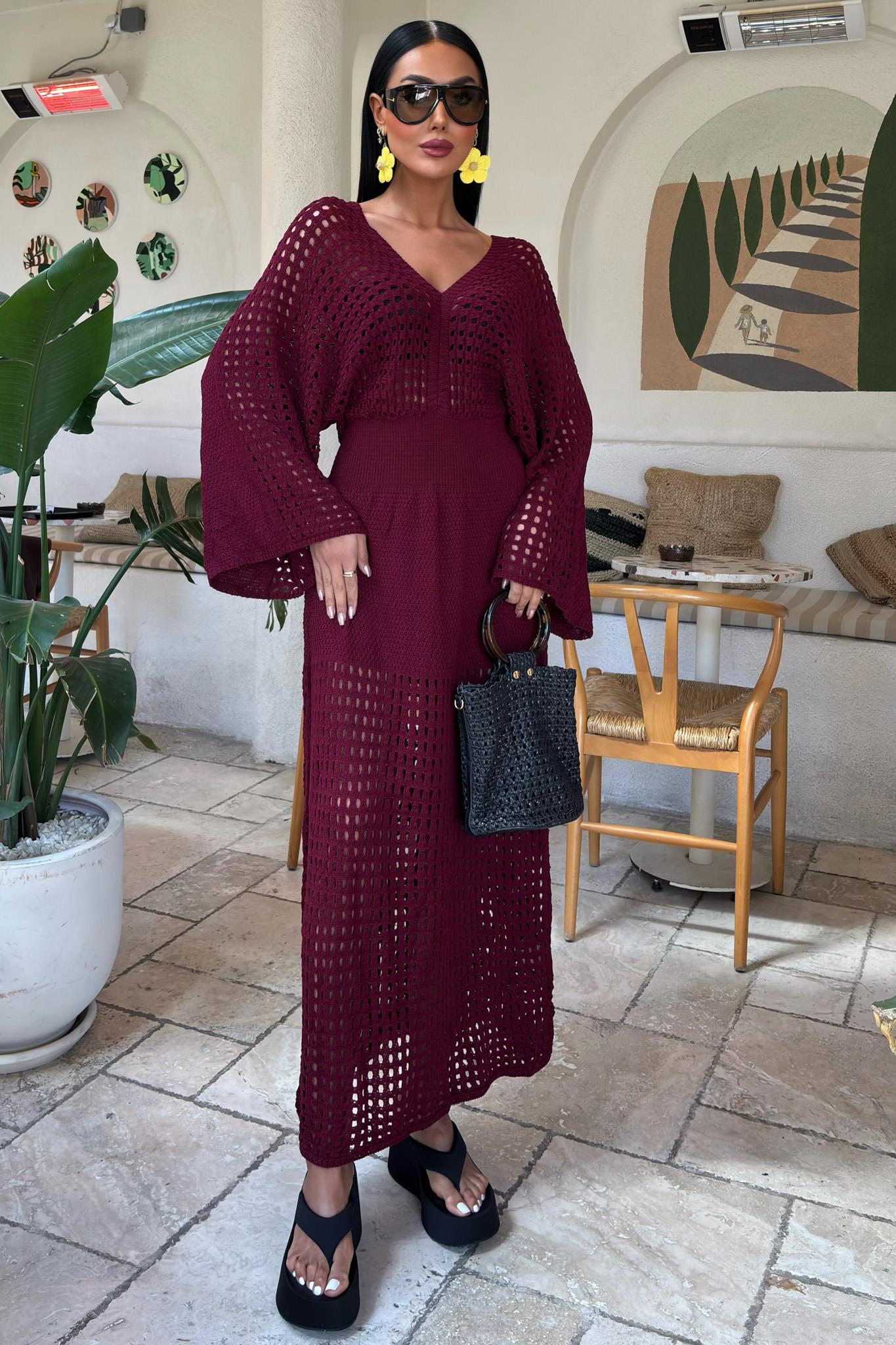 Bat Sleeve Openwork Knit Dress