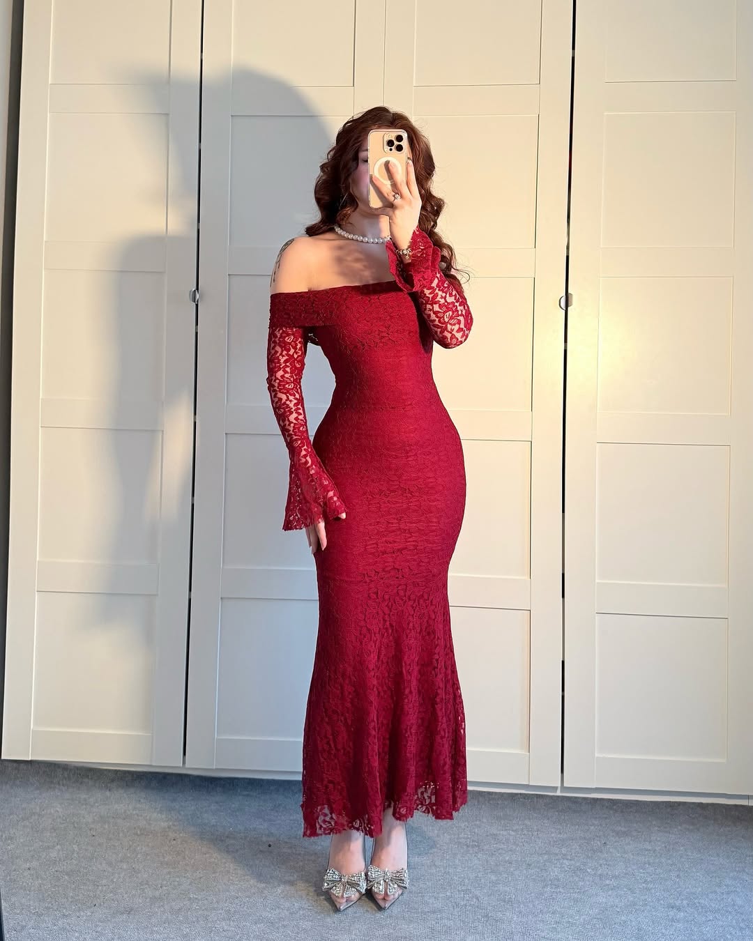 Burghandy Strapless Lace Dress