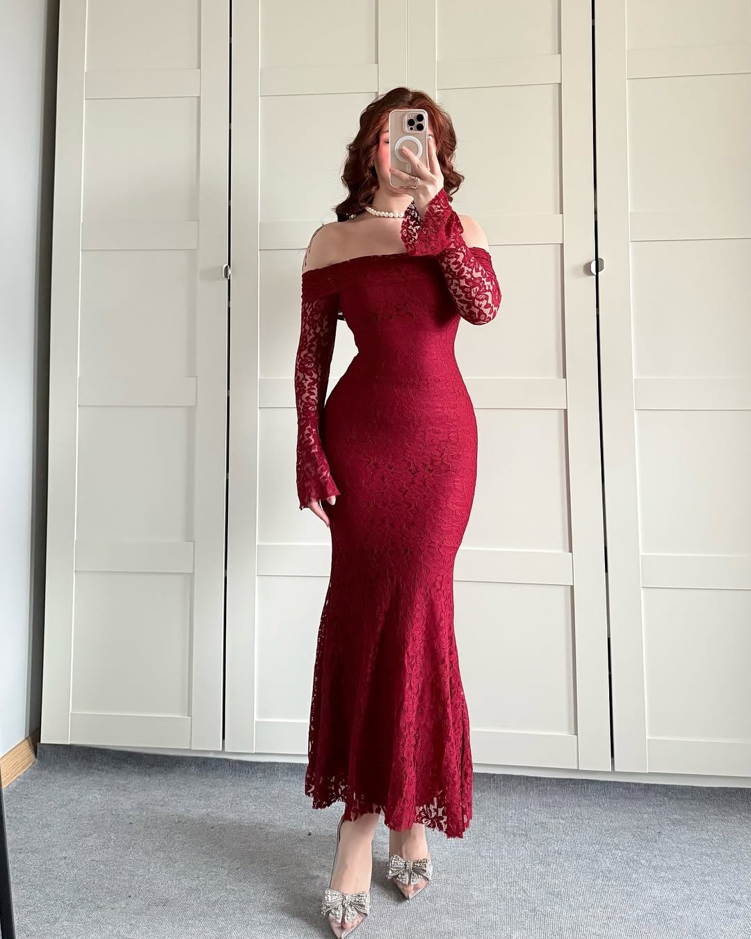 Burghandy Strapless Lace Dress