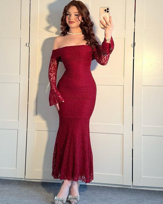 Burghandy Strapless Lace Dress