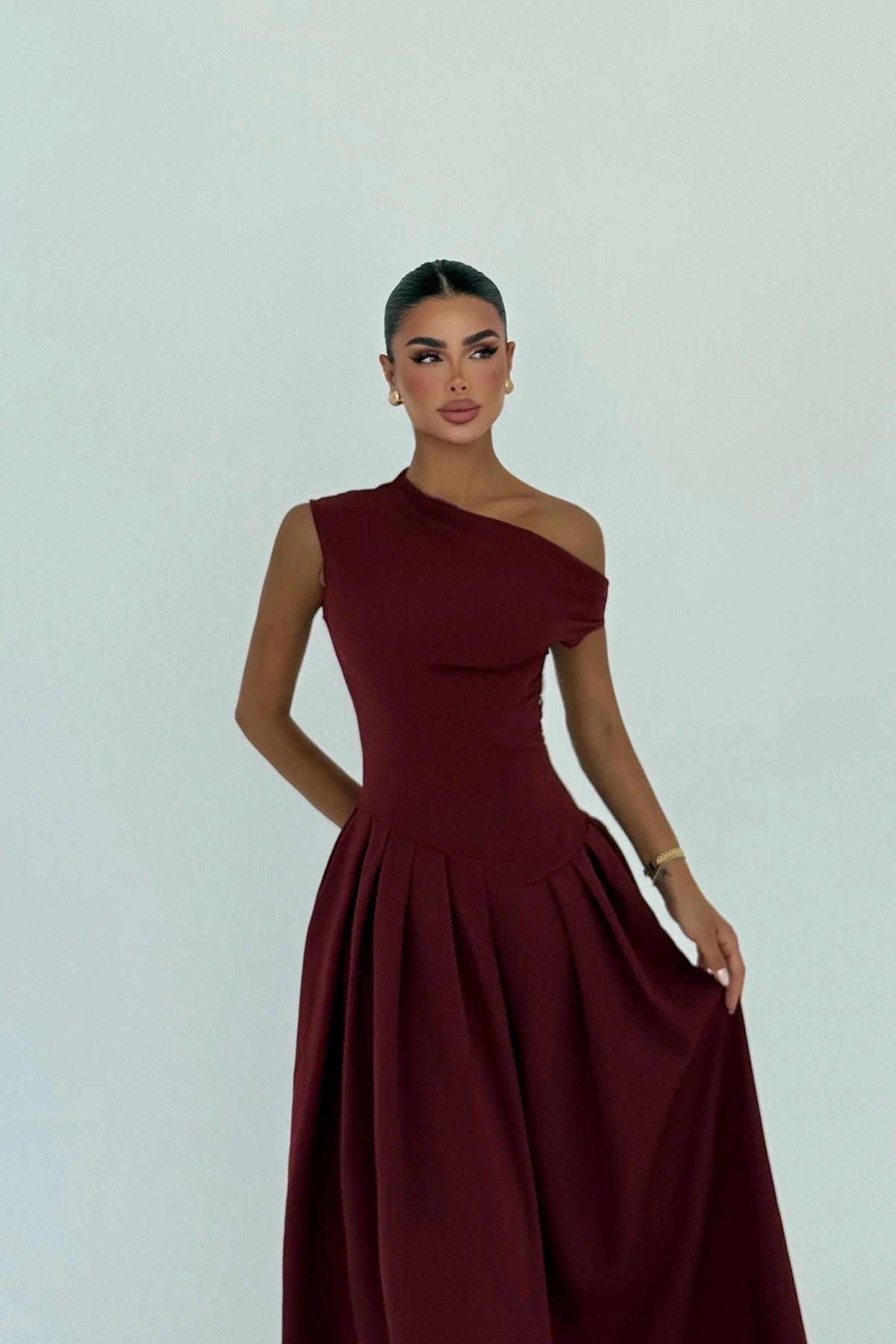Cherry Maroon Bimala Boat Neck Dress