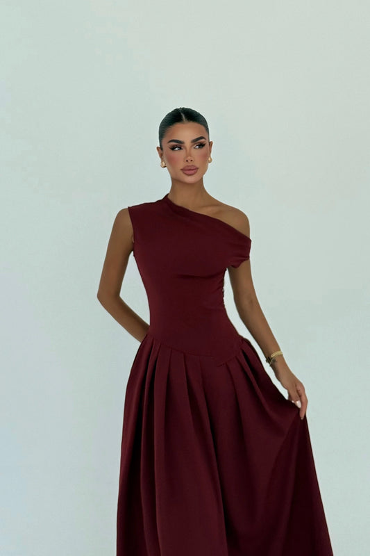 Cherry Maroon Bimala Boat Neck Dress