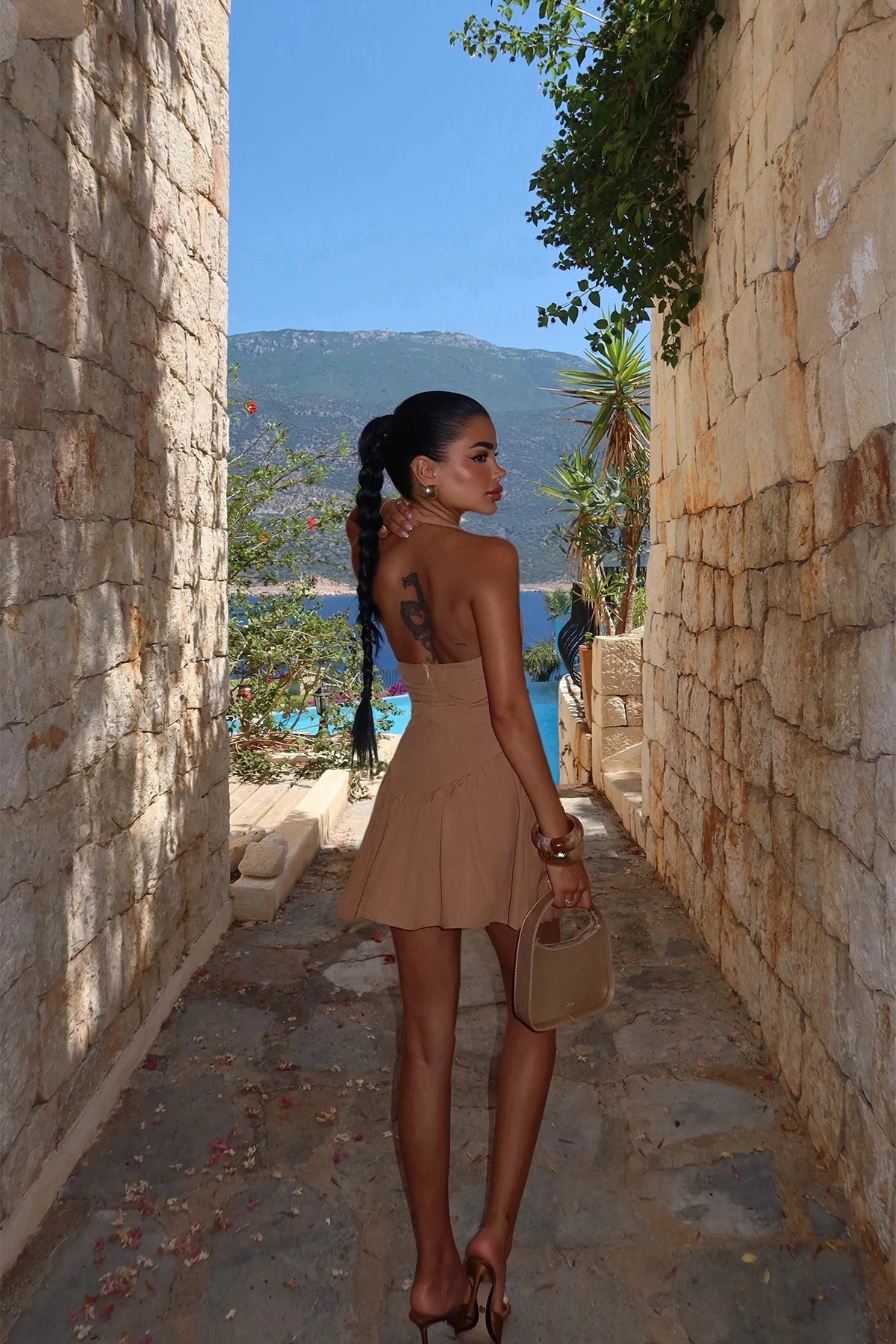 Tan Strappy Mini Dress