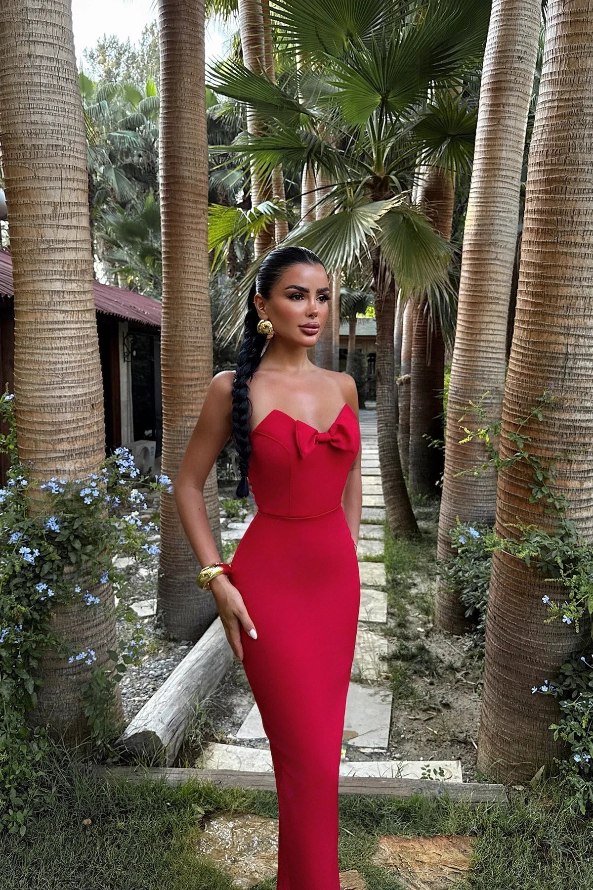 Red Bow Detail Strapless Dress