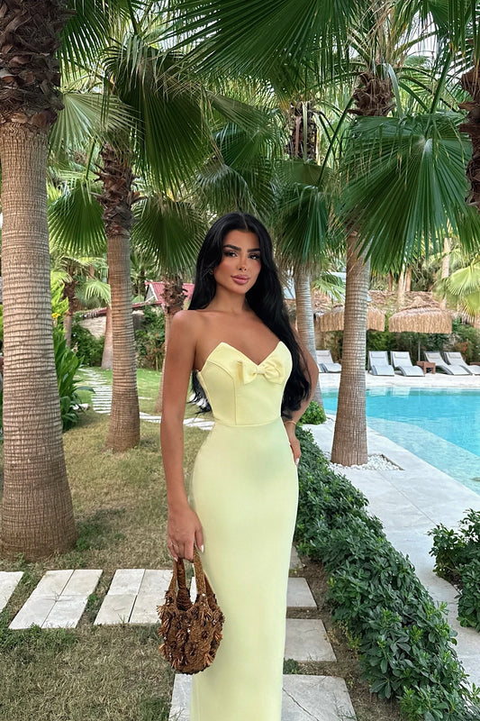 Yellow Bow Detail Strapless Dress