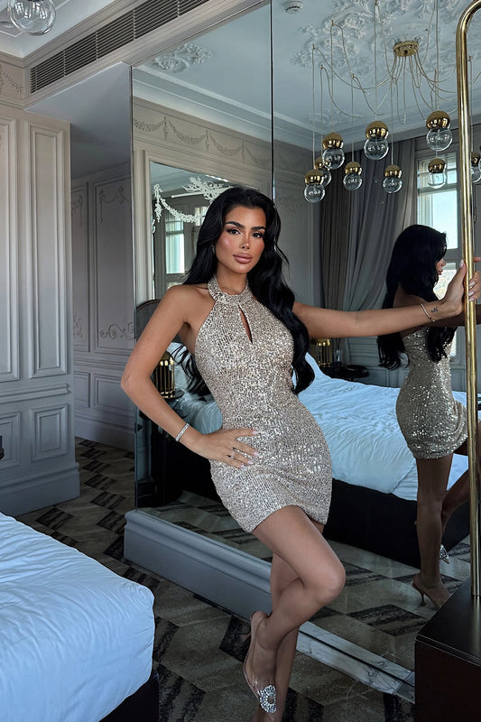 Beige Sequin Detail Mini Dress