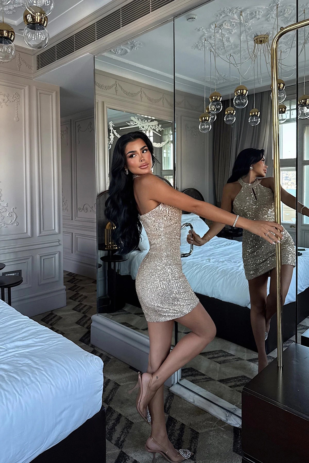 Beige Sequin Detail Mini Dress