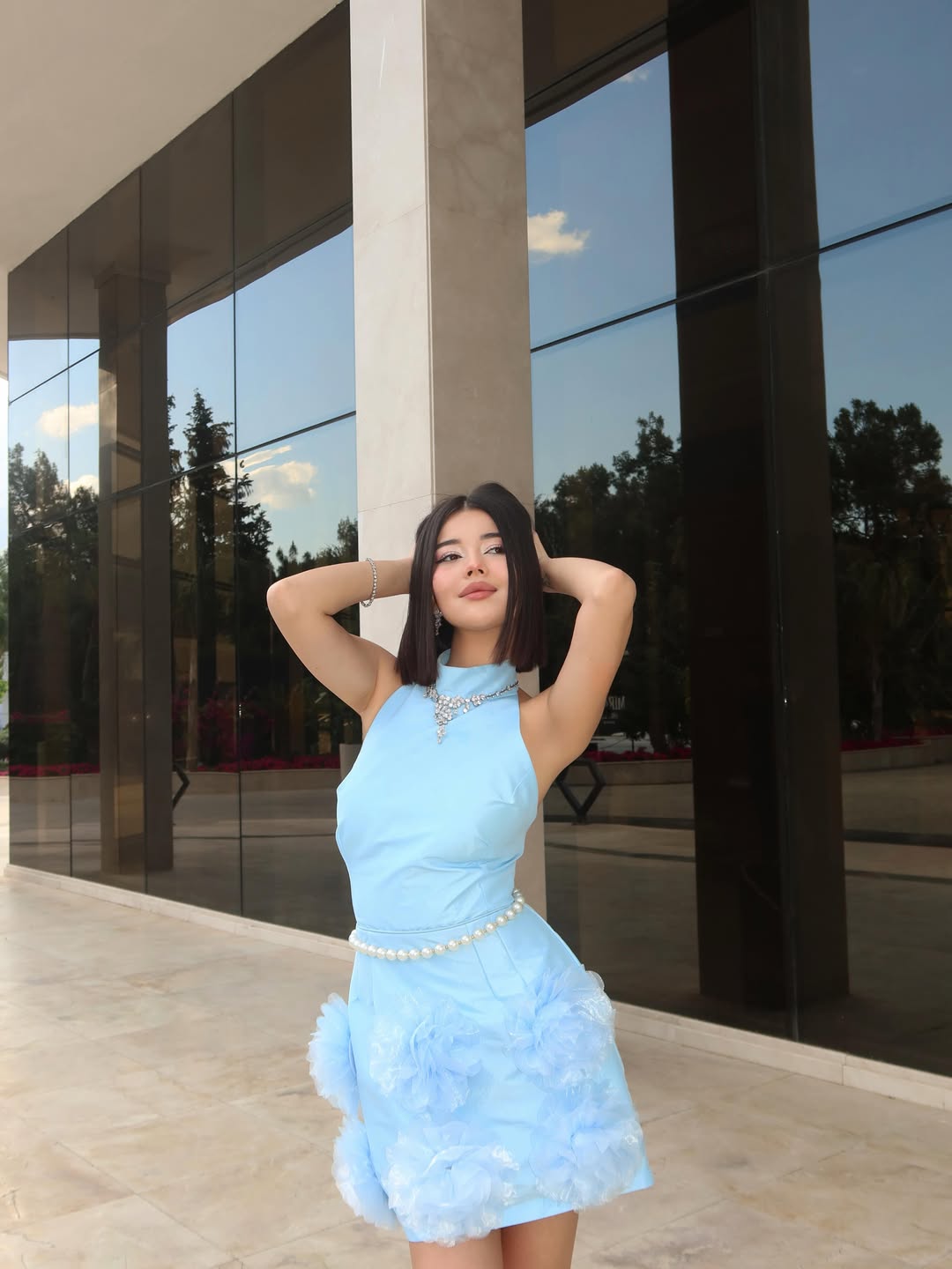 Blue Freyya Mini Dress with Rose Hem