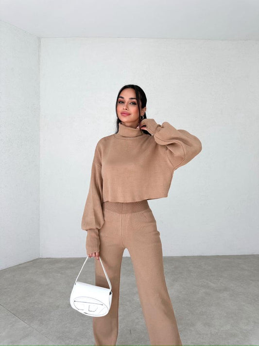 turtle neck suit Camel