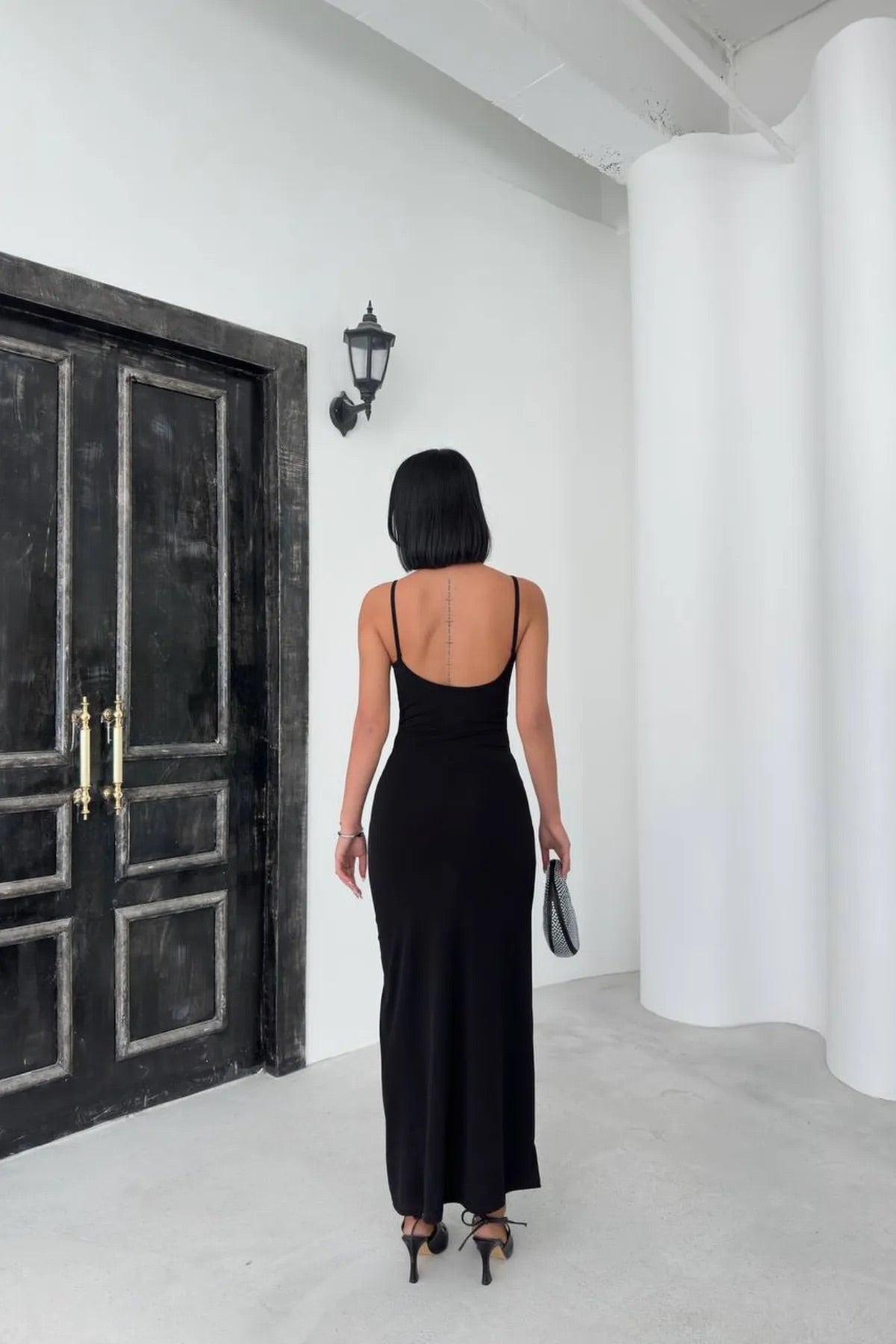 Black Strappy Cowl Neck Long Dress