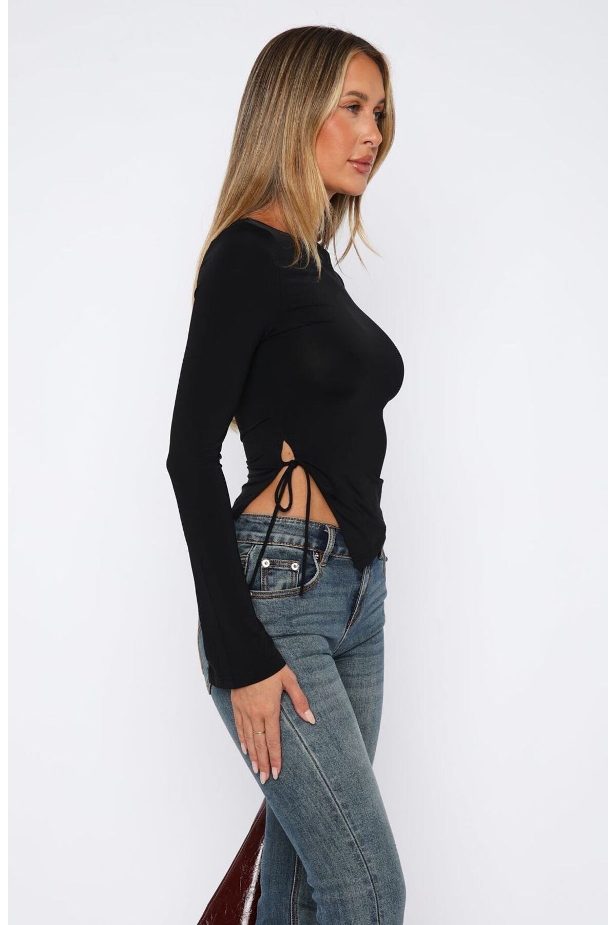 Black Long Sleeve Crew Neck Ruched Side Drawstring