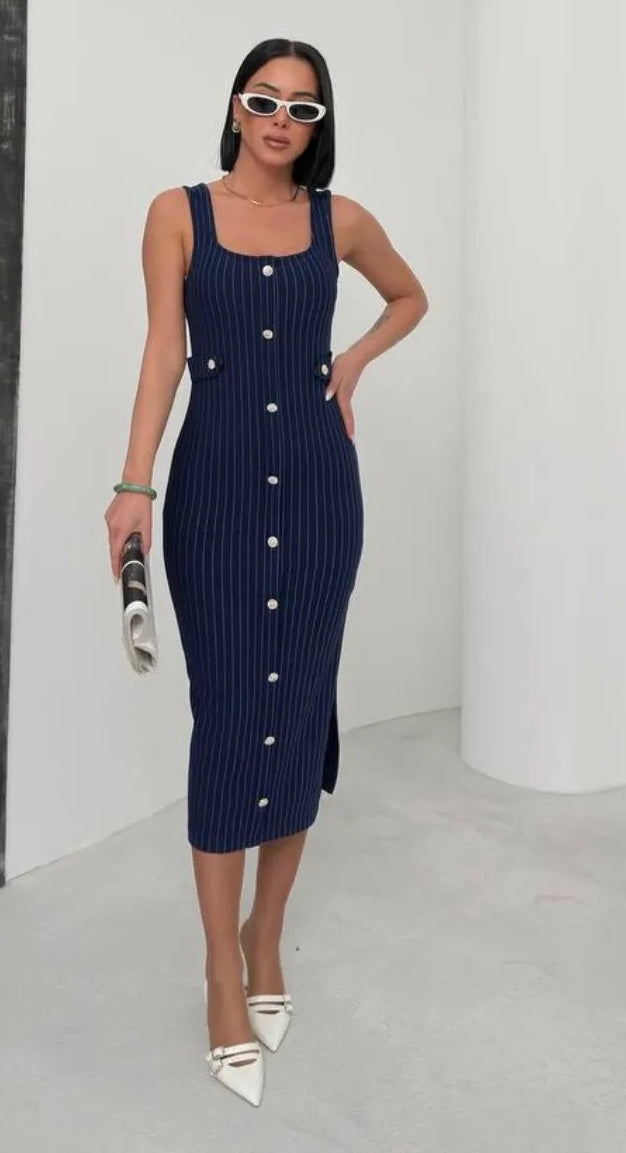 Navy Blue Buttoned Midi Striped Dress