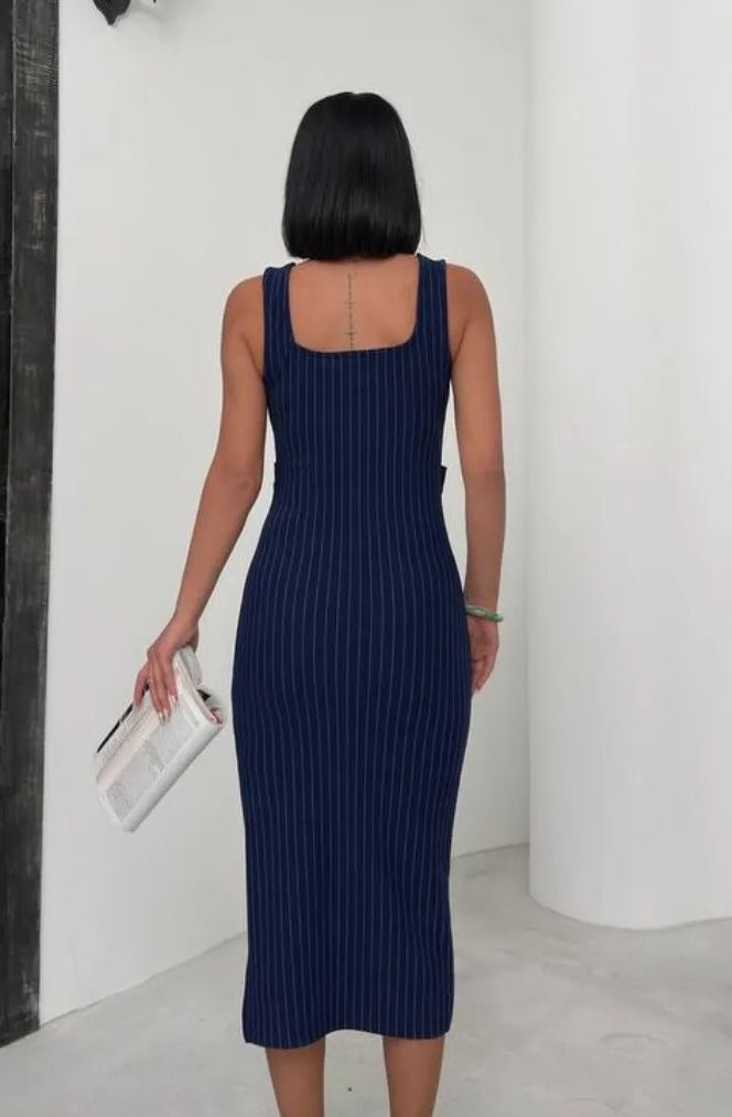 Navy Blue Buttoned Midi Striped Dress