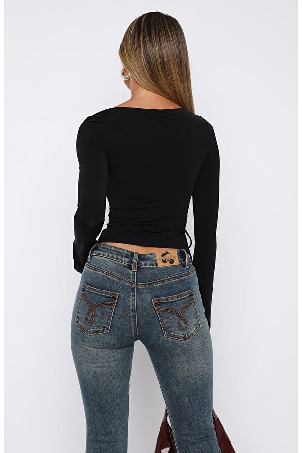 Black Long Sleeve Crew Neck Ruched Side Drawstring