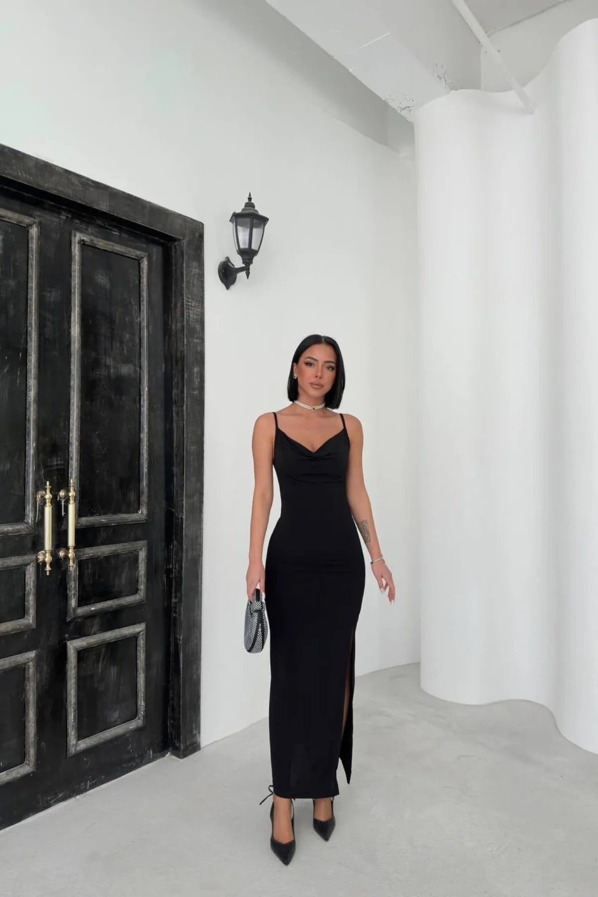 Black Strappy Cowl Neck Long Dress