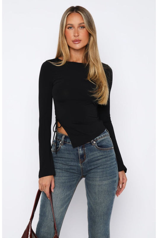 Black Long Sleeve Crew Neck Ruched Side Drawstring