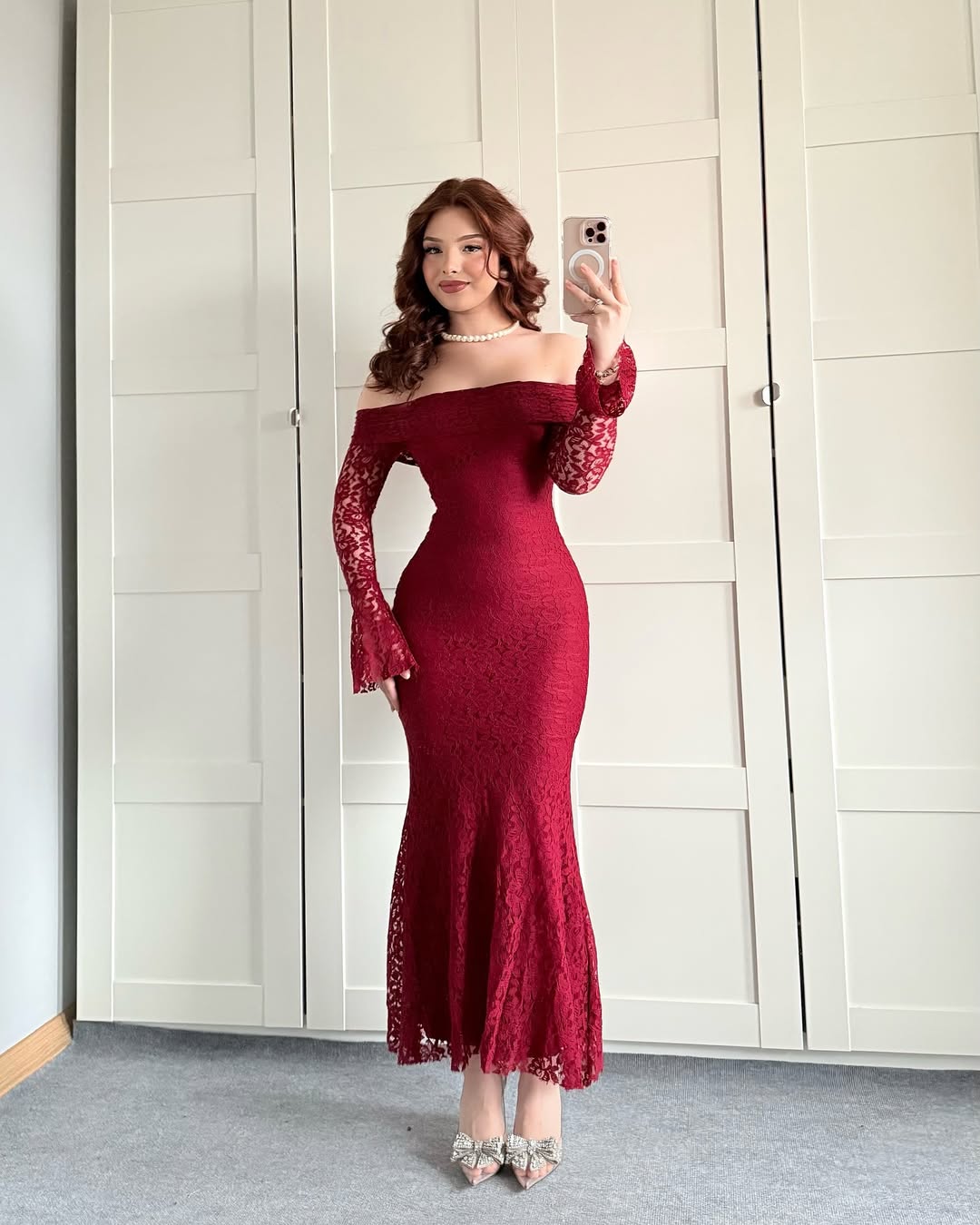 Burghandy Strapless Lace Dress