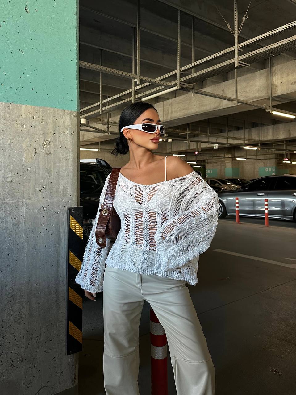 White V-Neck Knitwear Blouse