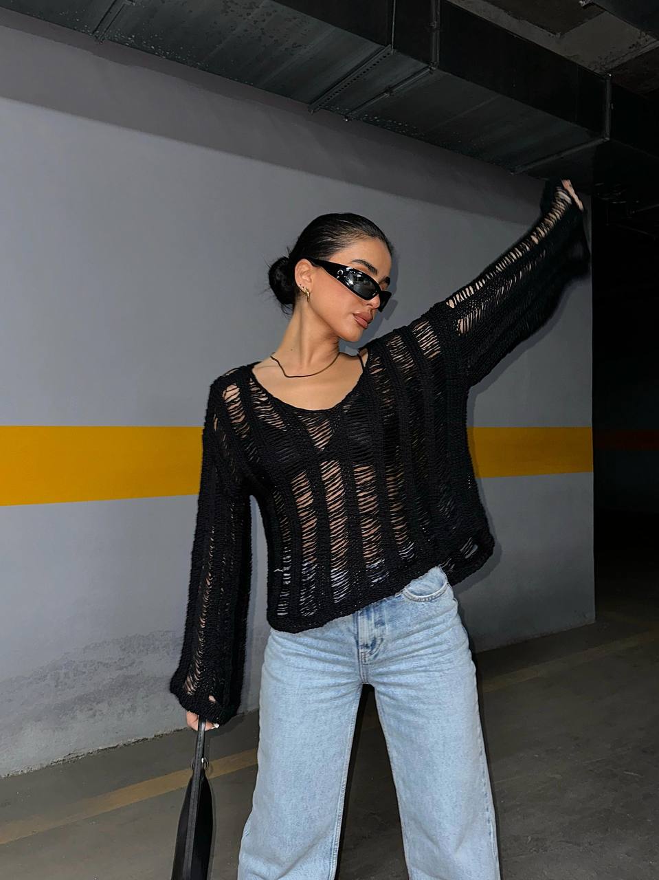 Black V-Neck Knitwear Blouse