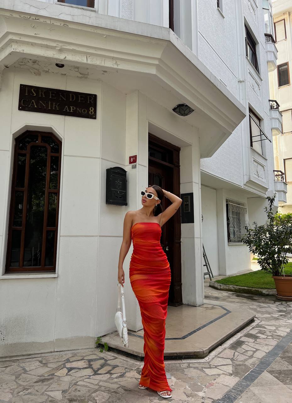 Imported Digital Printed Tulle & Lined Gathered Strapless Long Dress