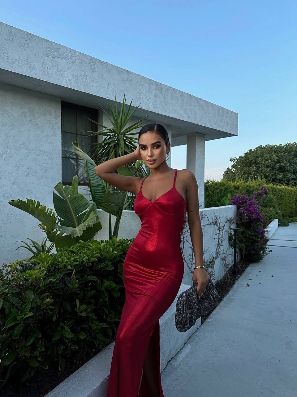 Red Straped Slit Long Dress
