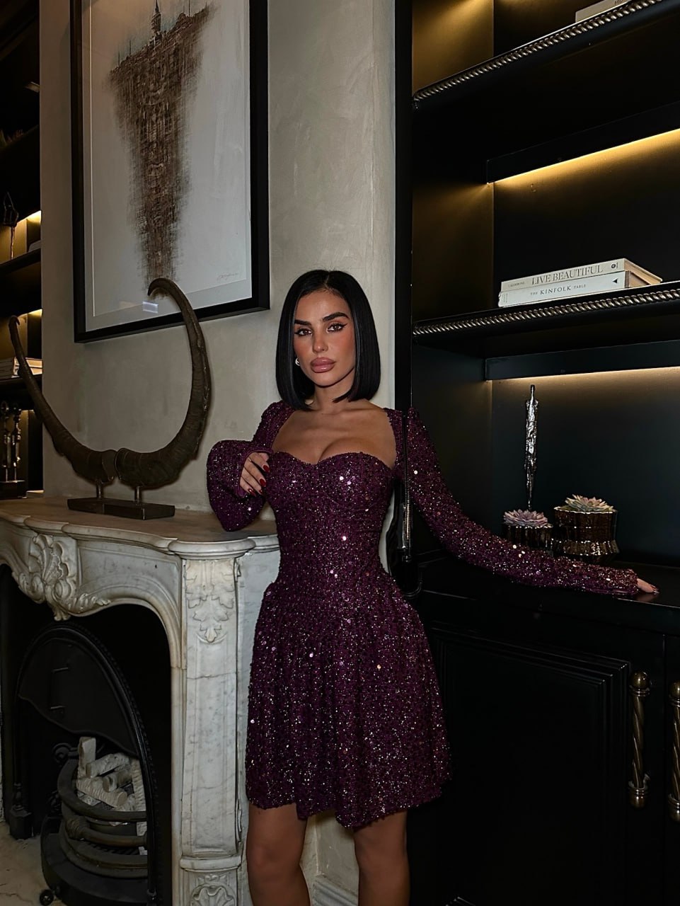 Burgundy  Sequin Fabric Lined Dress