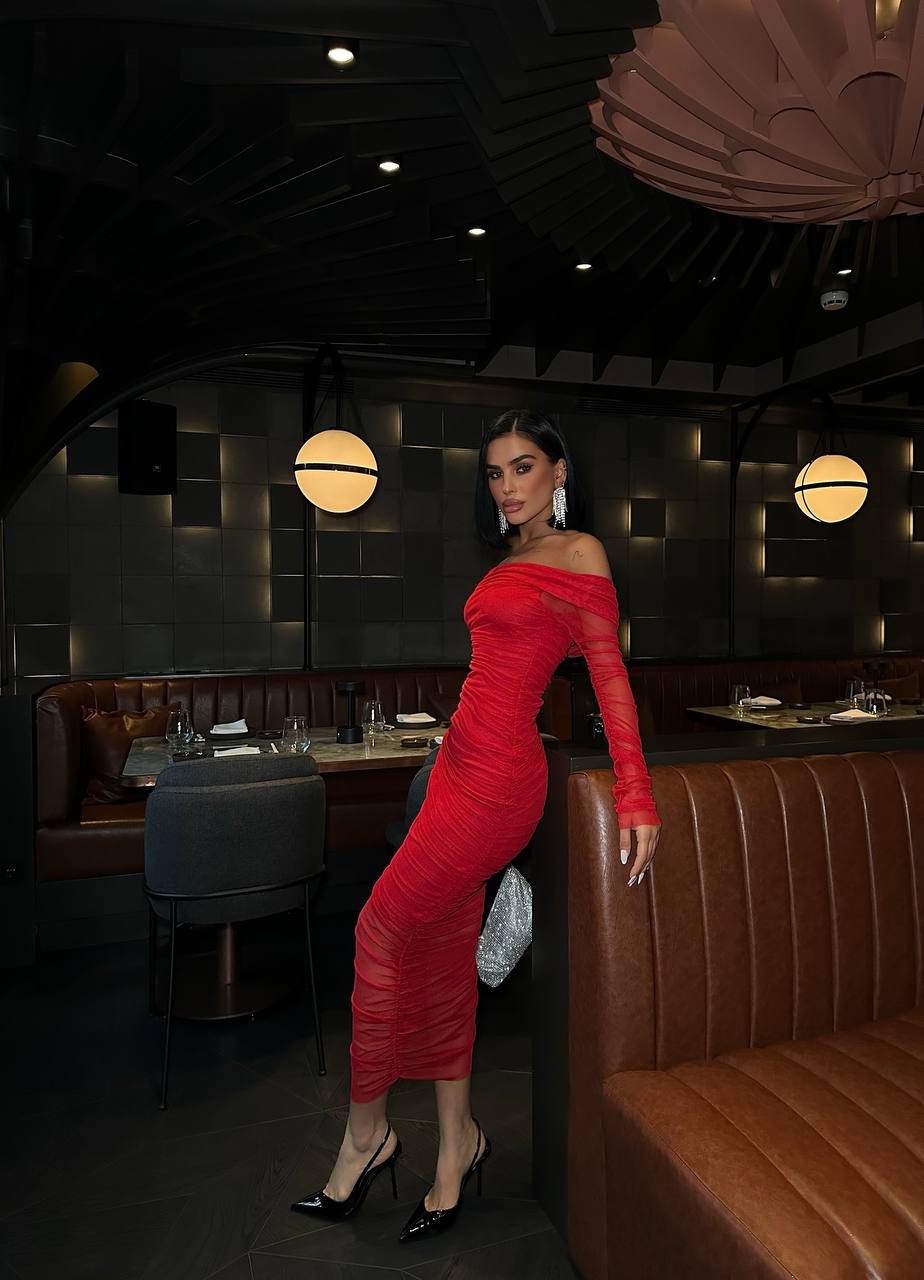 Red Lycra Tulle Lined Midi Length Strapless Dress