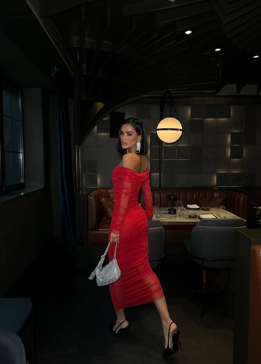 Red Lycra Tulle Lined Midi Length Strapless Dress