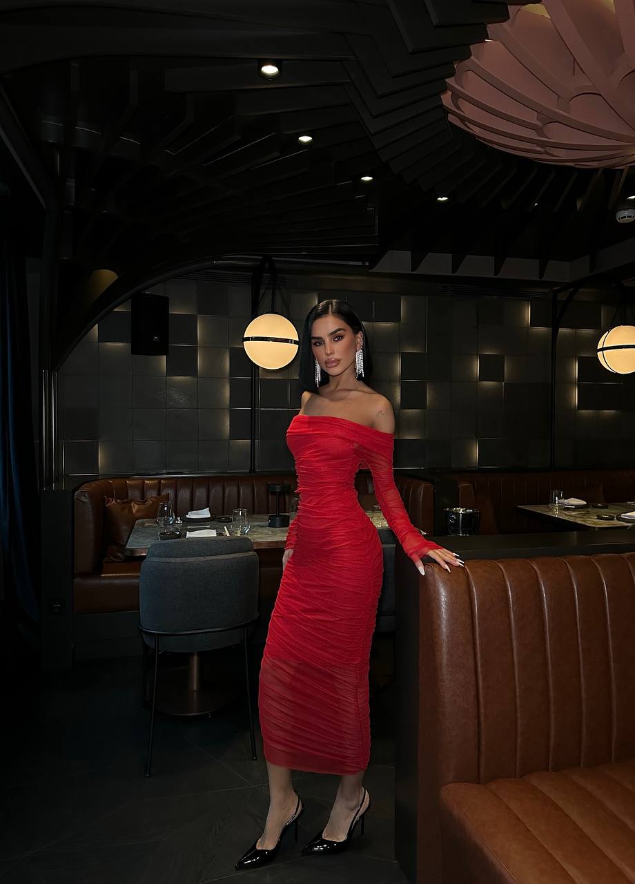 Red Lycra Tulle Lined Midi Length Strapless Dress