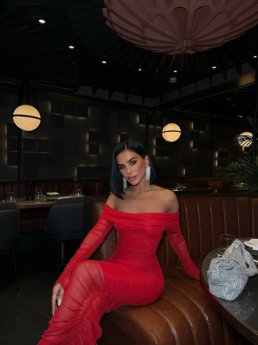 Red Lycra Tulle Lined Midi Length Strapless Dress