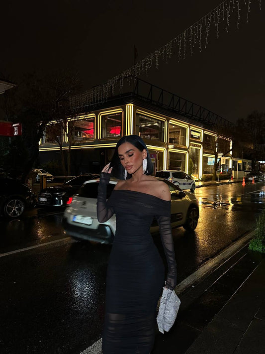 Black Lycra Tulle Lined Midi Length Strapless Dress