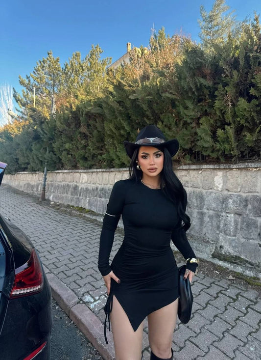 Black Side Gathered Scuba Dress