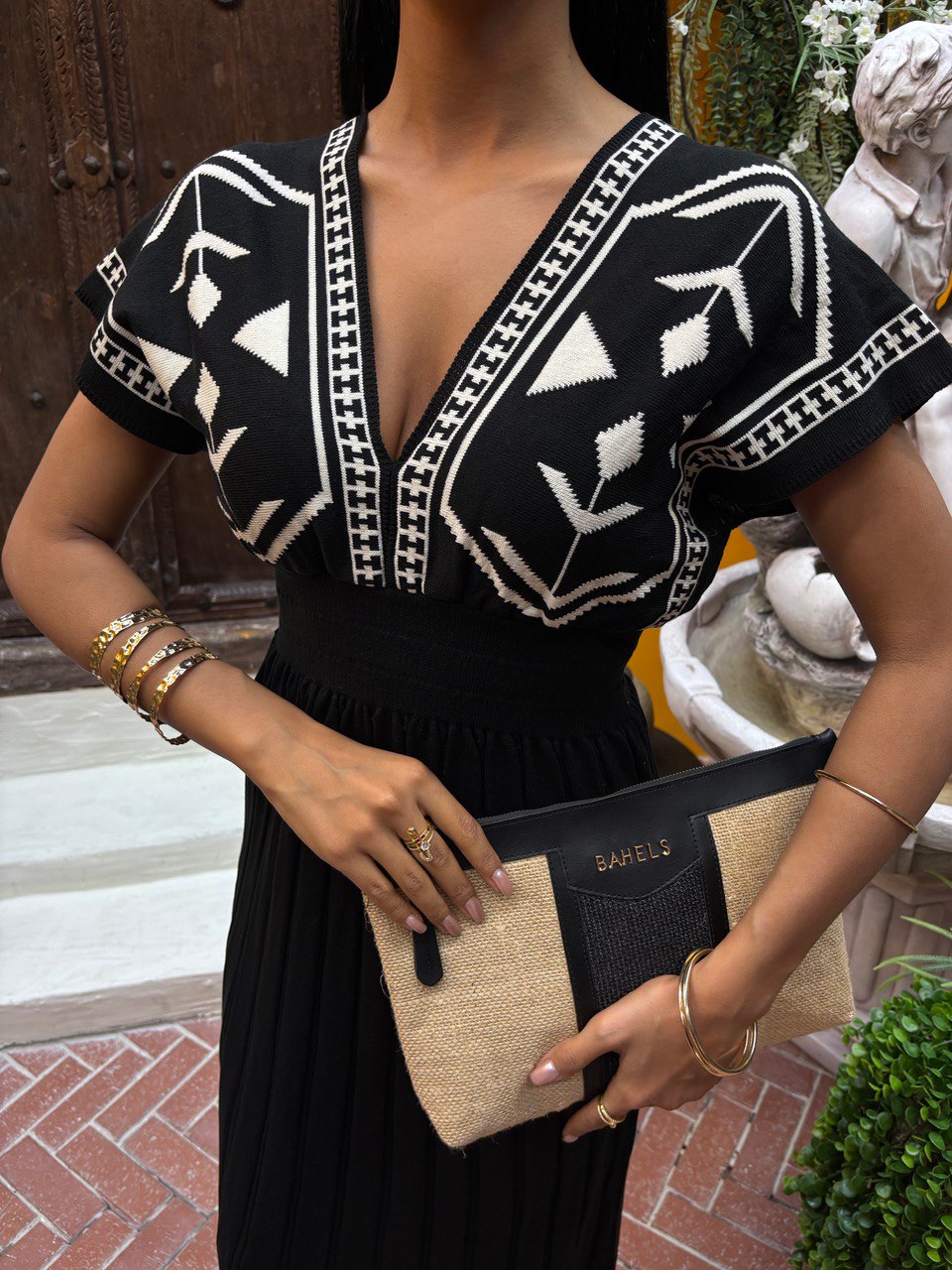 Black Ethnic Patterned Knitwear Dress