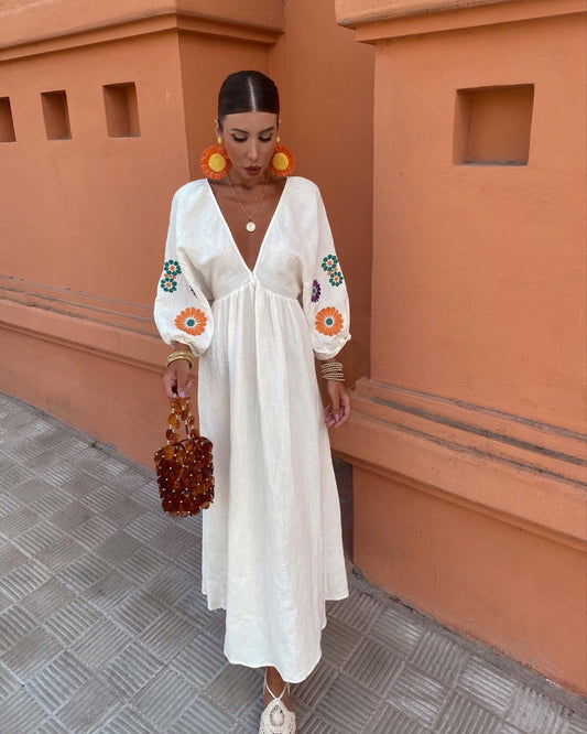 White  Embroidered Elegant Linen Dress