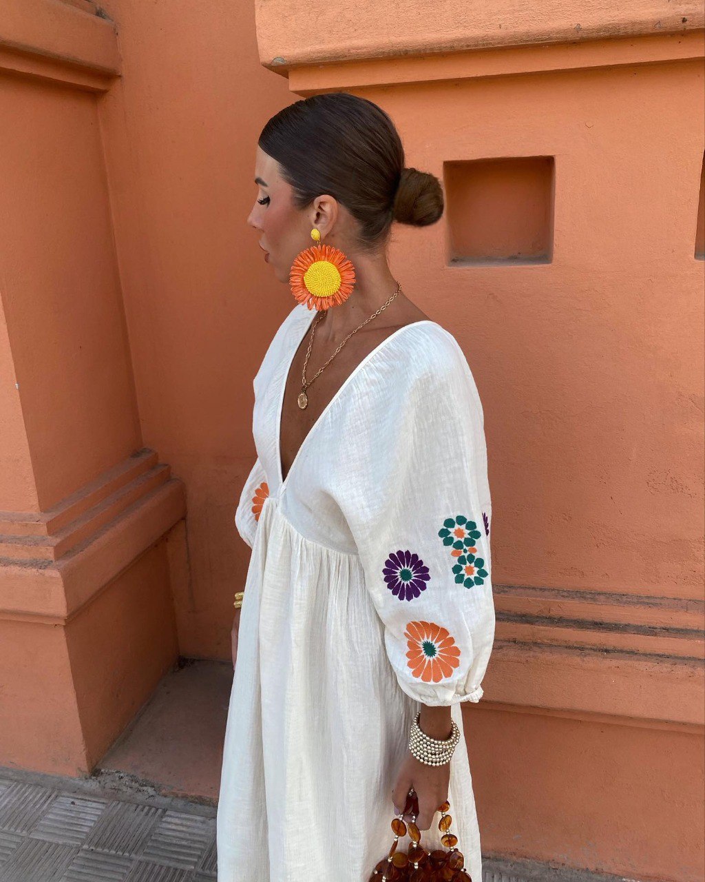 White  Embroidered Elegant Linen Dress