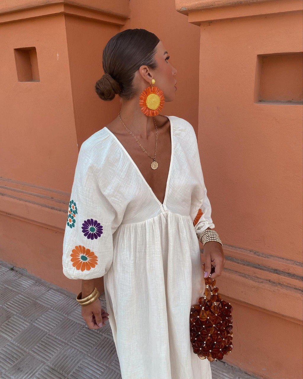White  Embroidered Elegant Linen Dress