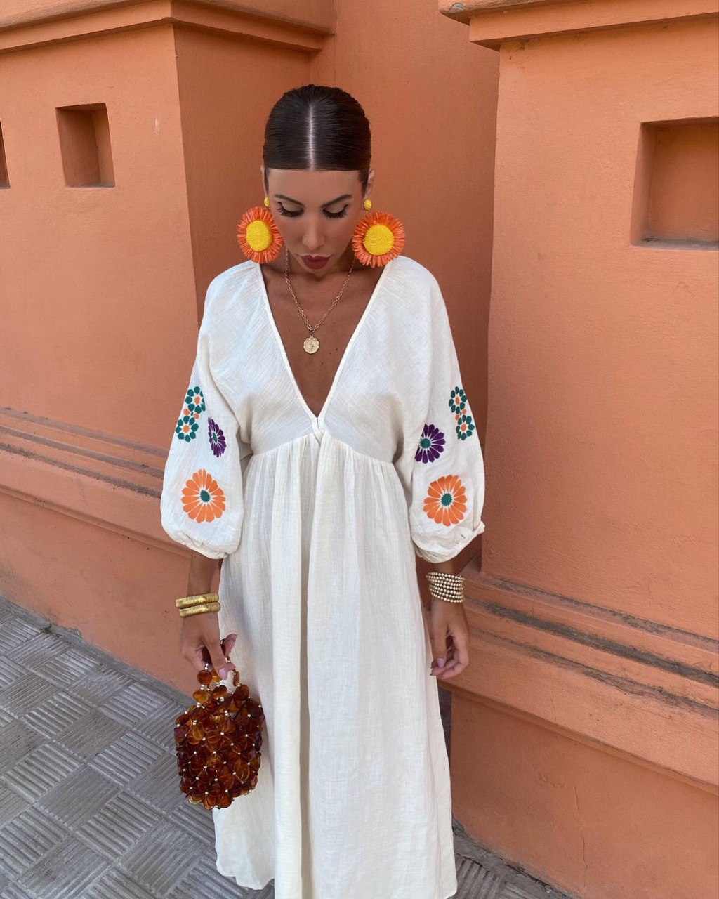 White  Embroidered Elegant Linen Dress