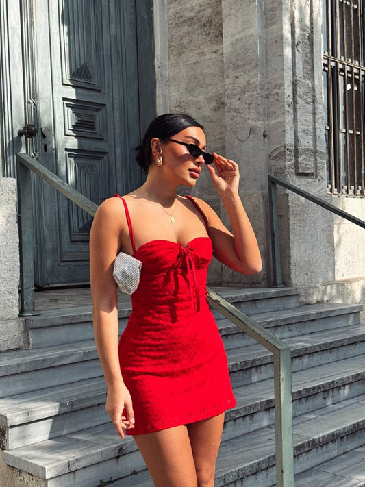 Red Shoulder Strap Mesh Fabric Lycra Mini Dress
