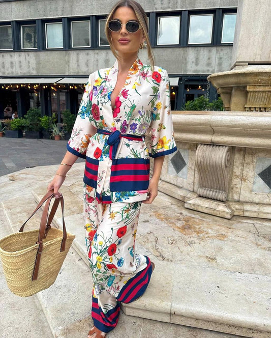 Satin fabric kimona suit including sash belt two-piece suit