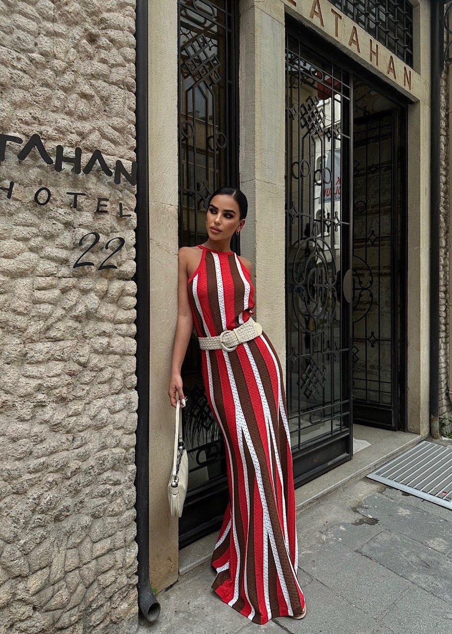 Red -  Black Top Length Striped Dress