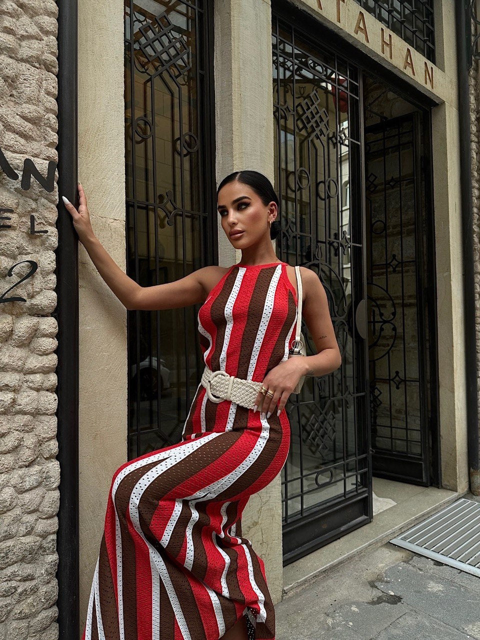 Red -  Black Top Length Striped Dress