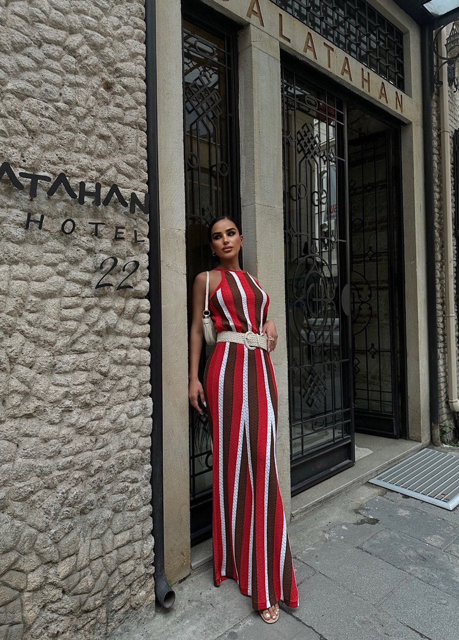 Red -  Black Top Length Striped Dress