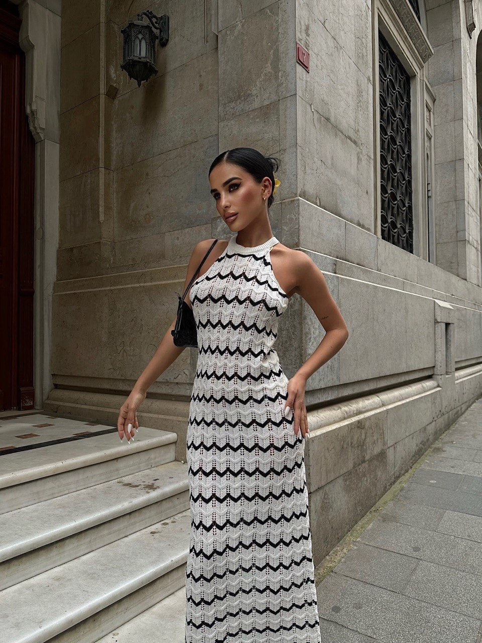 White Ajoured Halter Collar Dress