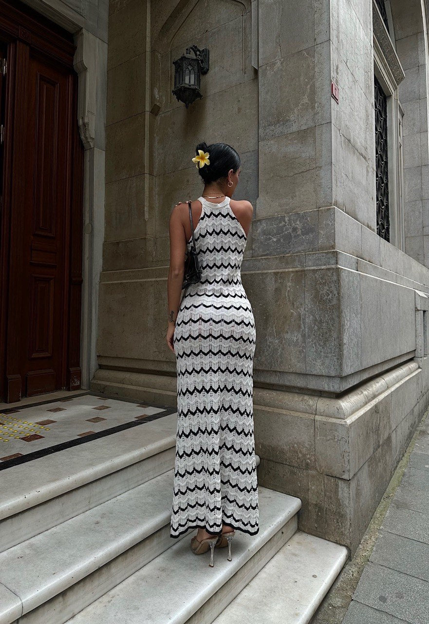 White Ajoured Halter Collar Dress