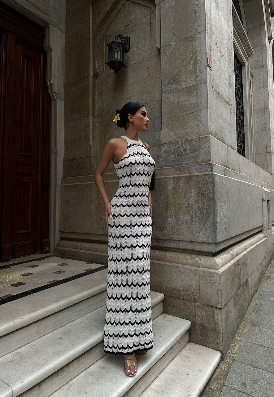 White Ajoured Halter Collar Dress